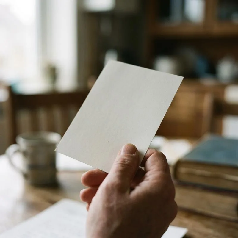 An adult hand holding a simple, unreadable card in a home kitchen environment